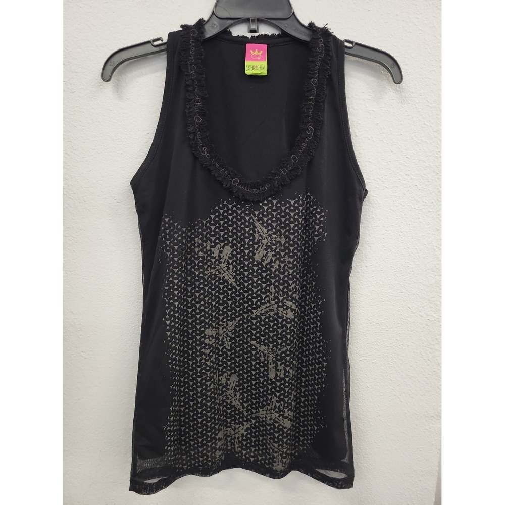 Y2K-era Save The Queen Sleeveless Abstract Geometric Graphic Mesh Top Size XL